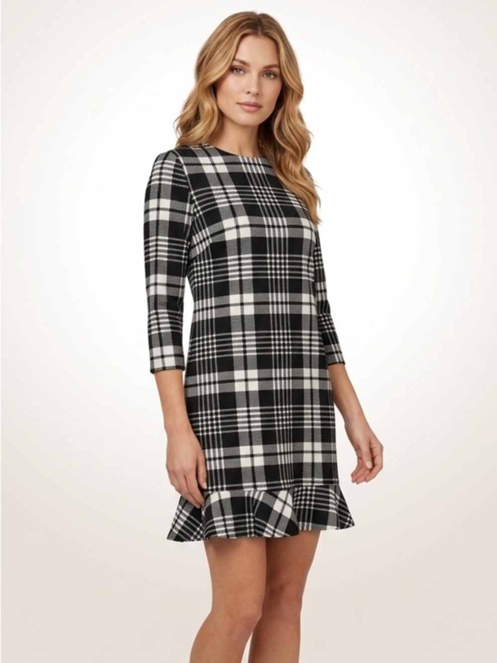 Another Story Bacl & White Preppy Plaid Crewneck Dress Size Small Ruffle Trim